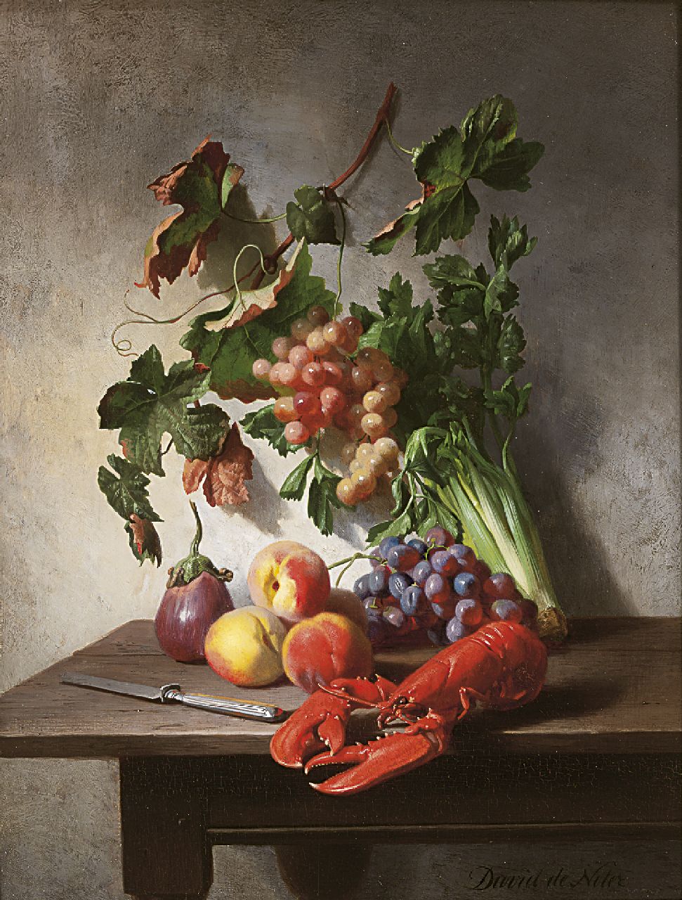 Noter D.E.J. de | 'David' Emile Joseph de Noter | Schilderijen te koop aangeboden | Stilleven met groente, fruit, kreeft en een mes, olieverf op paneel 37,0 x 28,3 cm, gesigneerd rechtsonder Noter D.E.J. de | 'David' Emile Joseph de Noter | Schilderijen te koop aangeboden | Stilleven met groente, fruit, kreeft en een mes, olieverf op paneel 37,0 x 28,3 cm, gesigneerd rechtsonder