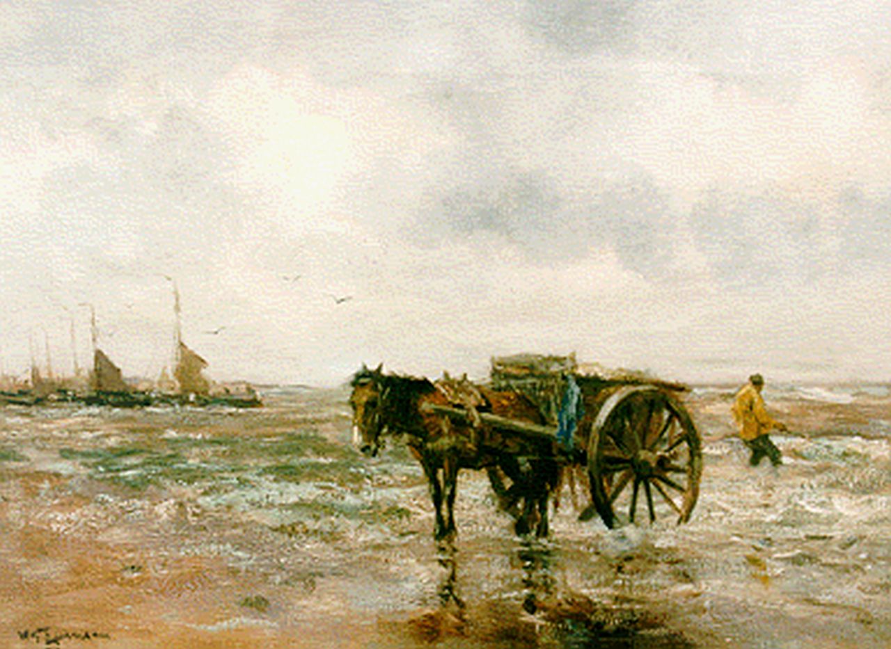 Jansen W.G.F.  | 'Willem' George Frederik Jansen, Schelpenvisser in de branding, olieverf op doek 39,6 x 54,2 cm, gesigneerd linksonder