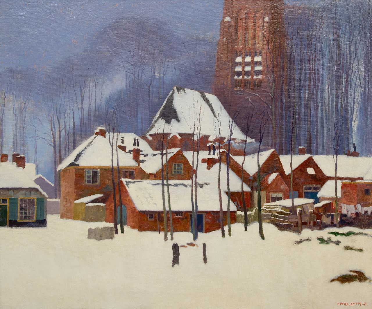 Luns H.M. | Hubert Marie 'Huib' Luns | Schilderijen te koop aangeboden | Wintergezicht op Vught met de Sint Lambertuskerk in de sneeuw, olieverf op doek 120,5 x 142,2 cm, gesigneerd rechtsonder en gedateerd '23 Luns H.M. | Hubert Marie 'Huib' Luns | Schilderijen te koop aangeboden | Wintergezicht op Vught met de Sint Lambertuskerk in de sneeuw, olieverf op doek 120,5 x 142,2 cm, gesigneerd rechtsonder en gedateerd '23