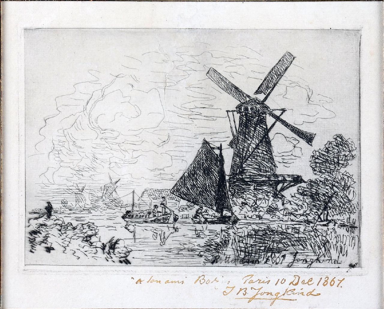 Jongkind J.B. | Johan Barthold Jongkind | Grafiek te koop aangeboden | Vaart bij Rotterdam met boten en een molen, ets op papier 22,0 x 18,5 cm, gesigneerd rechtsonder in de plaat en met de hand op het blad en gedateerd 'Rotterdam' 1861 in de plaat Jongkind J.B. | Johan Barthold Jongkind | Grafiek te koop aangeboden | Vaart bij Rotterdam met boten en een molen, ets op papier 22,0 x 18,5 cm, gesigneerd rechtsonder in de plaat en met de hand op het blad en gedateerd 'Rotterdam' 1861 in de plaat
