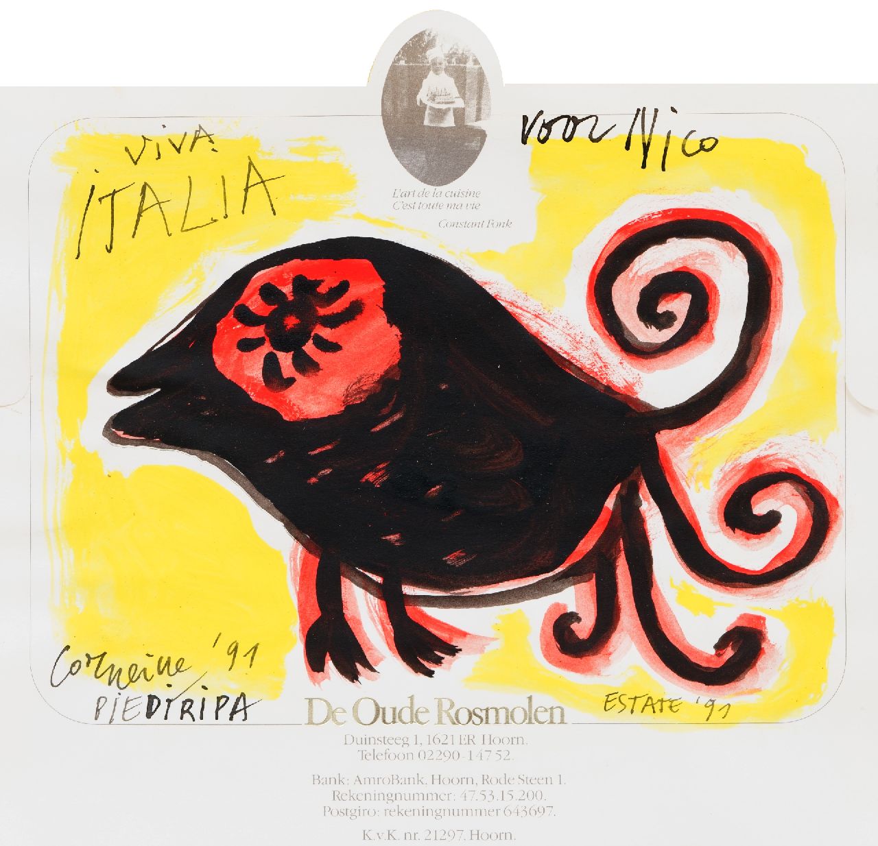 Corneille | Viva Italia (voor Nico Koster), aquarel en inkt op papier, 19,9 x 21,1 cm, gesigneerd l.o. en gedateerd '91