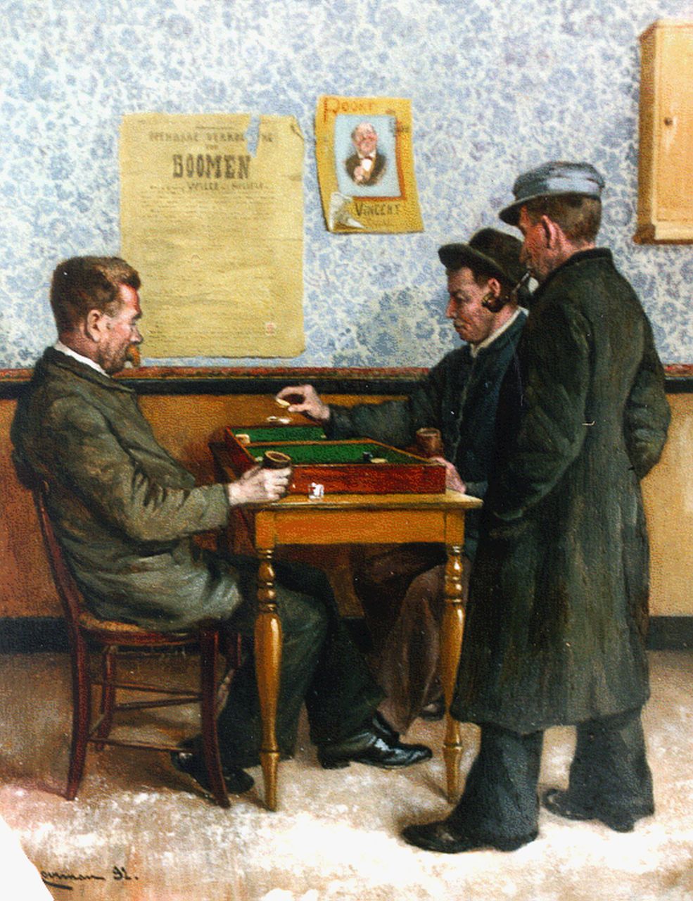 Jan Ludovicus Moerman | Een spelletje backgammon, olieverf op paneel, 27,0 x 21,3 cm, gesigneerd l.o. en gedateerd '92