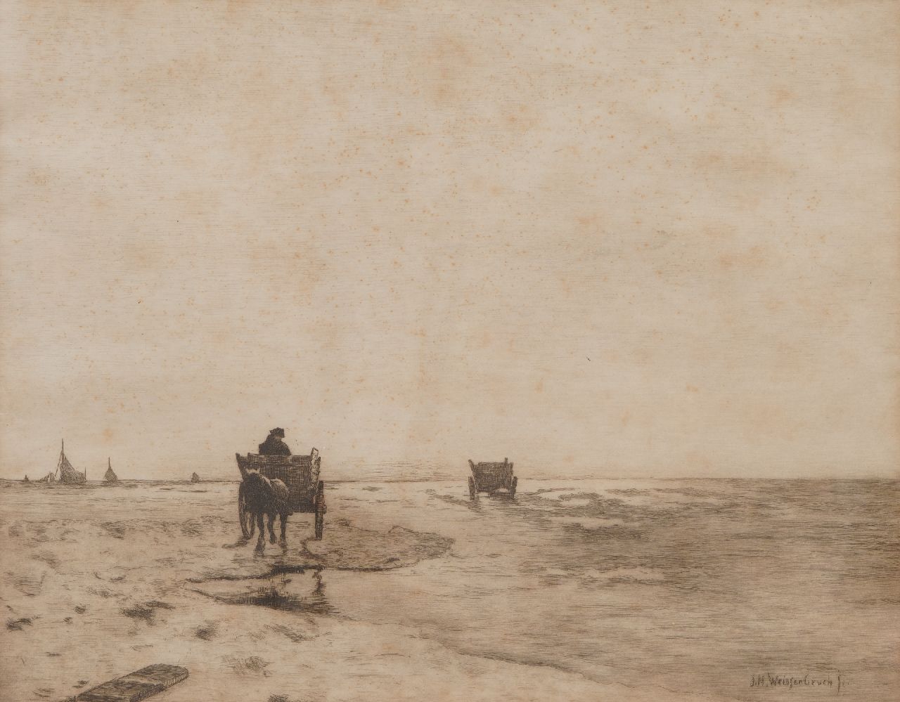 Weissenbruch H.J.  | Hendrik Johannes 'J.H.' Weissenbruch, Strand met paard en wagen en schepen, ets op papier 35,0 x 44,0 cm, gesigneerd door Ph. Zilcken