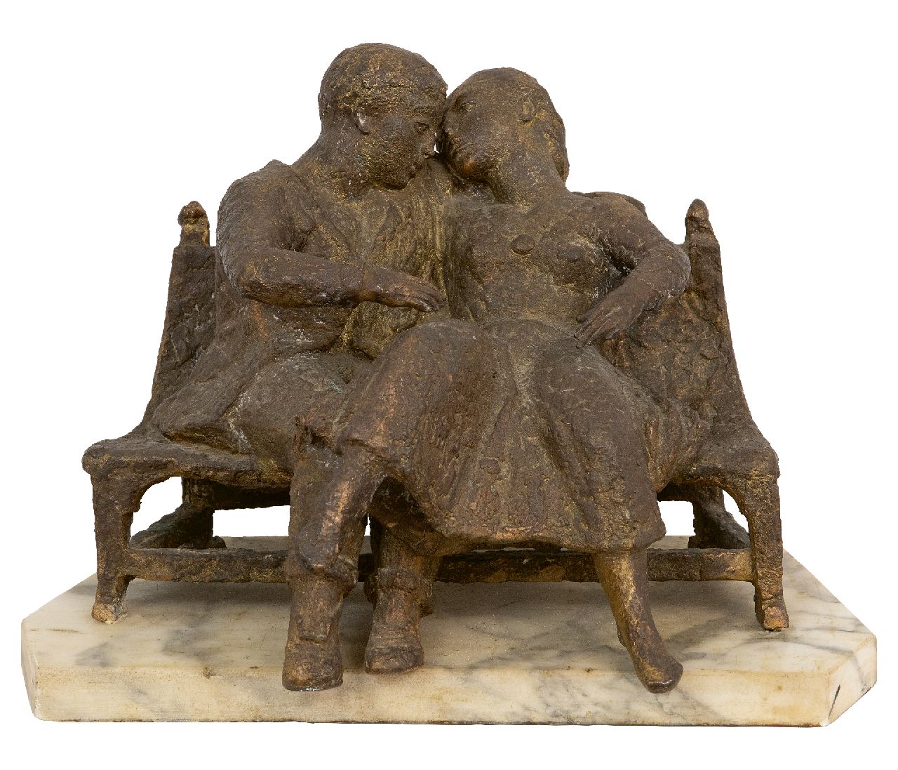 Starreveld P. | Pieter Starreveld | Beelden en objecten te koop aangeboden | Verliefd paartje op een bank, brons 25,5 x 27,5 cm, gesigneerd op achterkant bank met monogram Starreveld P. | Pieter Starreveld | Beelden en objecten te koop aangeboden | Verliefd paartje op een bank, brons 25,5 x 27,5 cm, gesigneerd op achterkant bank met monogram