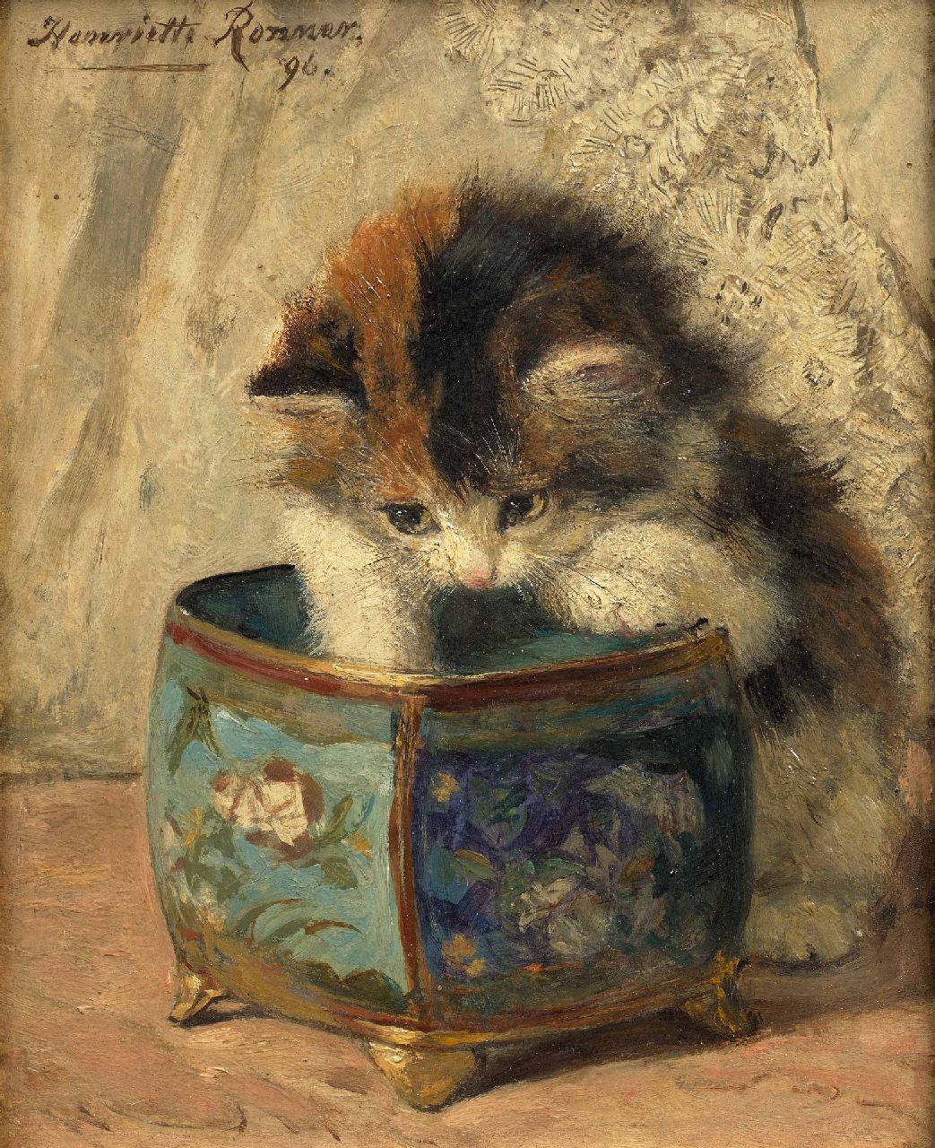 Henriette Ronner | Kitten spelend met een sierpot, olieverf op paneel, 20,0 x 16,0 cm, gesigneerd l.b. en gedateerd '96
