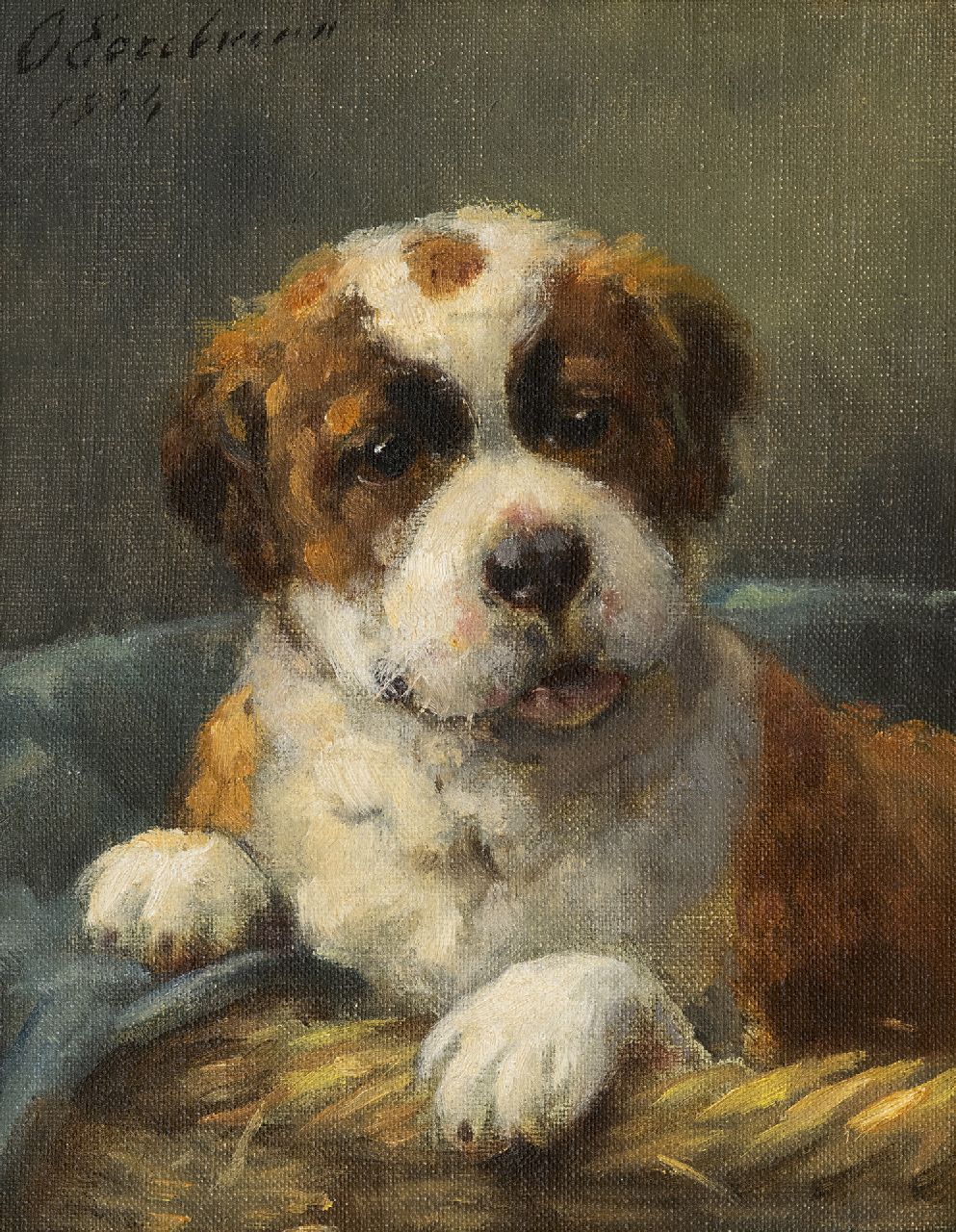 Eerelman O. | Otto Eerelman | Schilderijen te koop aangeboden | Sint-Bernard pup in z'n mandje, olieverf op schildersboard 23,8 x 18,8 cm, gesigneerd linksboven en gedateerd 1924 Eerelman O. | Otto Eerelman | Schilderijen te koop aangeboden | Sint-Bernard pup in z'n mandje, olieverf op schildersboard 23,8 x 18,8 cm, gesigneerd linksboven en gedateerd 1924