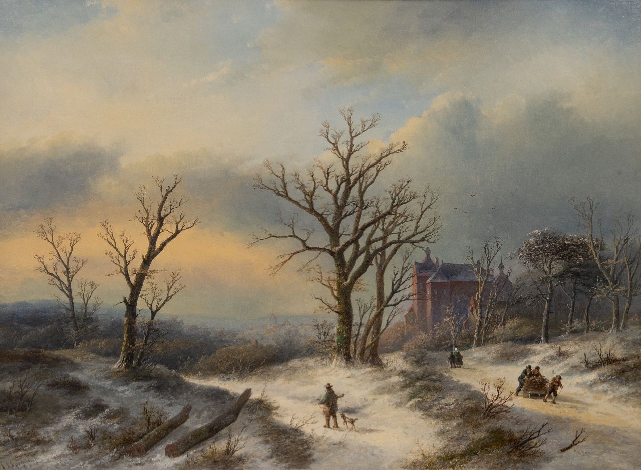 Spohler J.J.  | Jan Jacob Spohler | Schilderijen te koop aangeboden | Winterlandschap met jagers en houthakkers, olieverf op doek 62,5 x 84,5 cm, gesigneerd linksonder