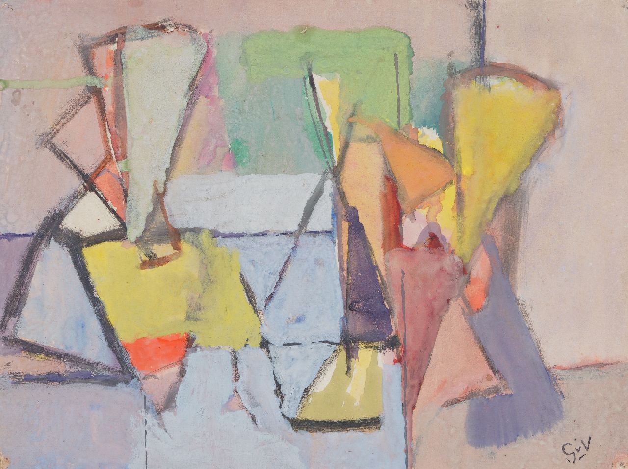 Velde G. van | Gerardus 'Geer' van Velde | Aquarellen en tekeningen te koop aangeboden | Compositie (Interieur met figuren), aquarel en gouache op papier 23,9 x 31,7 cm, gesigneerd rechtsonder en te dateren 1944 Velde G. van | Gerardus 'Geer' van Velde | Aquarellen en tekeningen te koop aangeboden | Compositie (Interieur met figuren), aquarel en gouache op papier 23,9 x 31,7 cm, gesigneerd rechtsonder en te dateren 1944