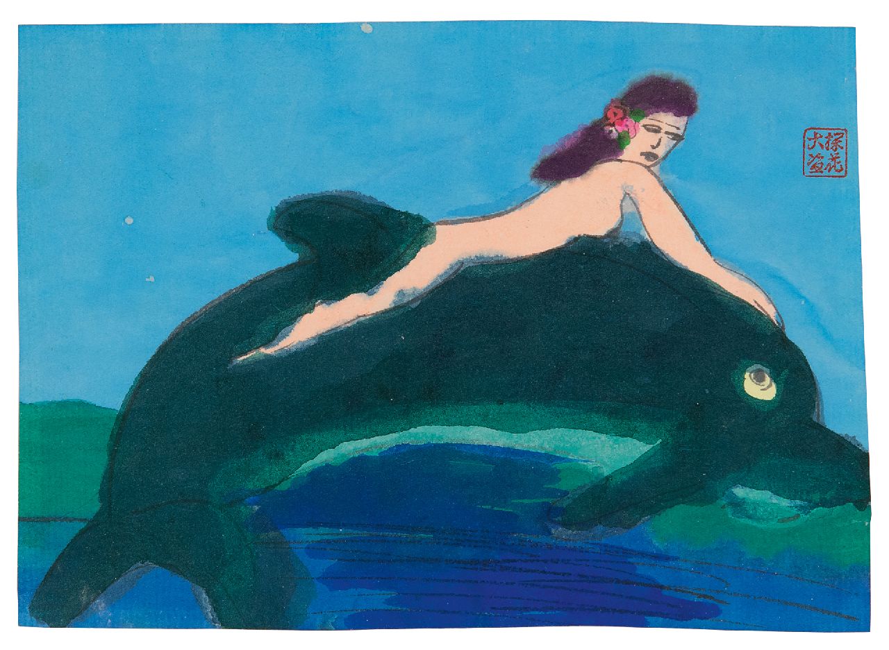 Walasse Ting | Dolfijn, viltstift en aquarel op papier, 11,7 x 16,3 cm, gesigneerd r.b. met stempelsignatuur