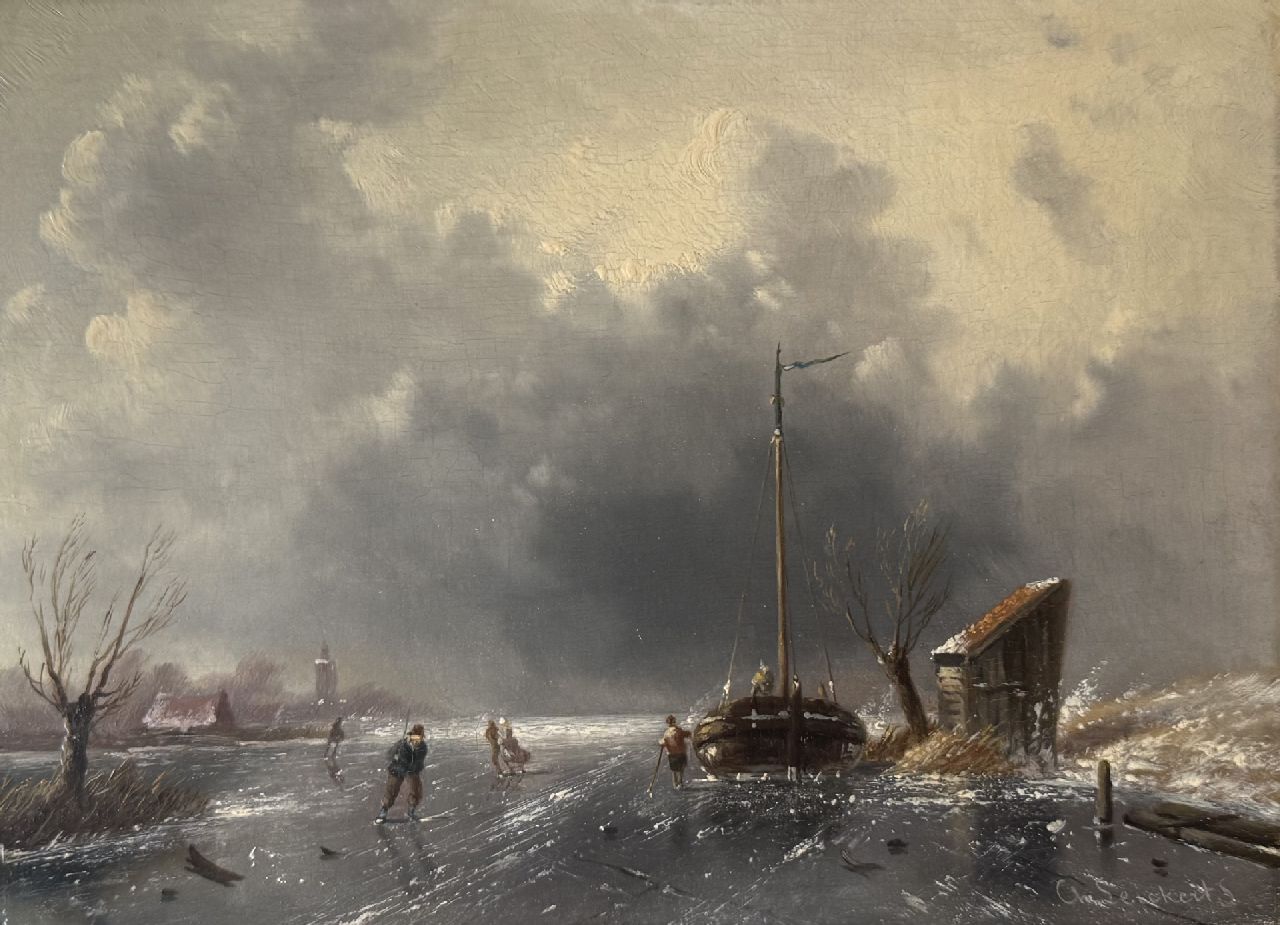 Leickert C.H.J.  | 'Charles' Henri Joseph Leickert | Schilderijen te koop aangeboden | Schaatsers bij een naderende sneeuwstorm, olieverf op paneel 18,6 x 25,8 cm, gesigneerd rechtsonder