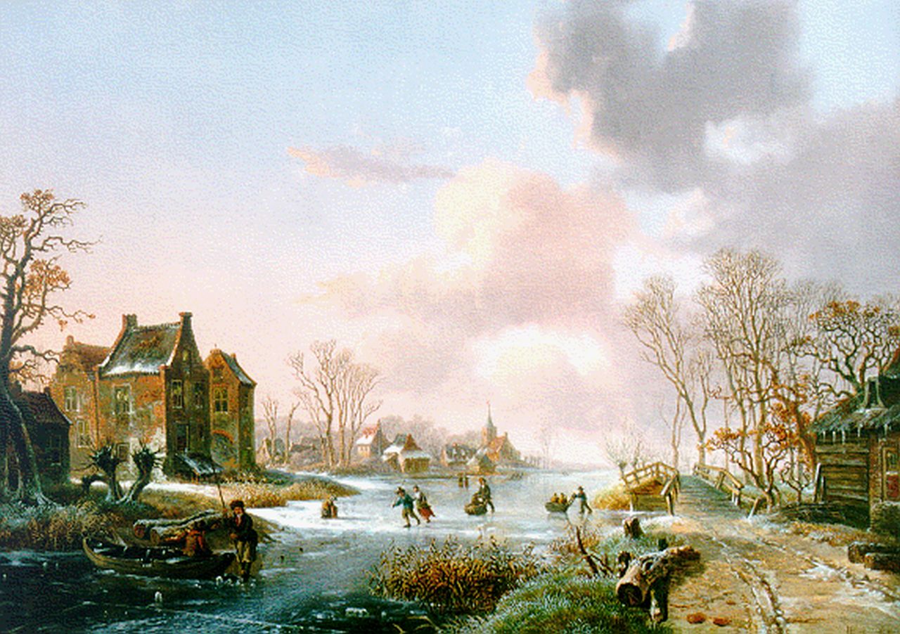 Klerk W. de | Willem de Klerk, Winterse vaart langs een dorpsrand, olieverf op paneel 47,2 x 67,0 cm, gesigneerd rechtsonder Klerk W. de | Willem de Klerk, Winterse vaart langs een dorpsrand, olieverf op paneel 47,2 x 67,0 cm, gesigneerd rechtsonder