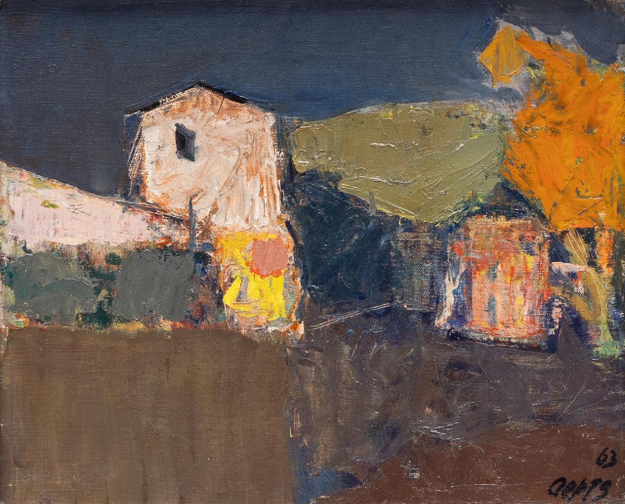 Wim Oepts | Boerderij, olieverf op doek, 24,8 x 29,2 cm, gesigneerd r.o. en gedateerd '63