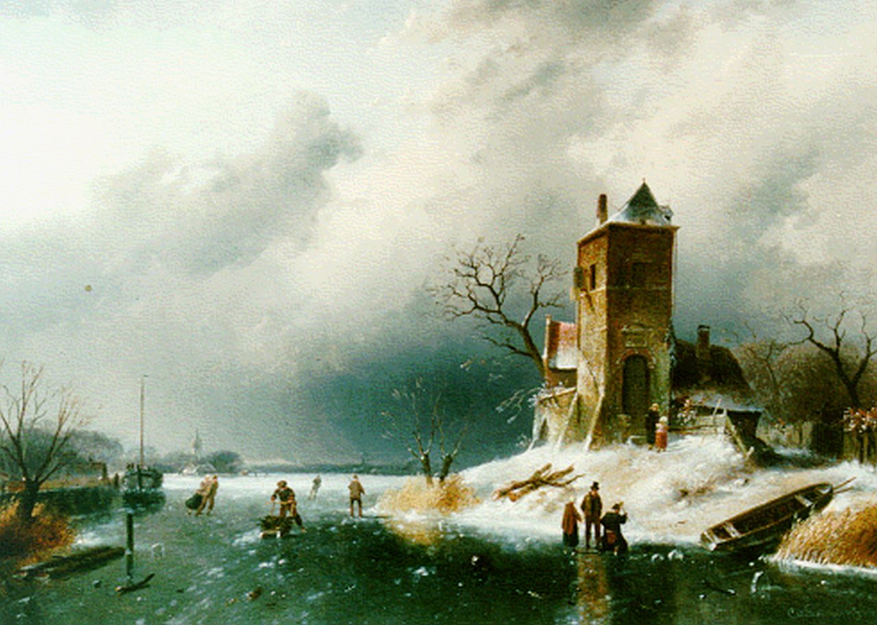 Leickert C.H.J.  | 'Charles' Henri Joseph Leickert, Weidse ijsvlakte met schaatsers nabij een kleine toren, olieverf op doek 62,2 x 86,0 cm, gesigneerd rechtsonder en gedateerd '66
