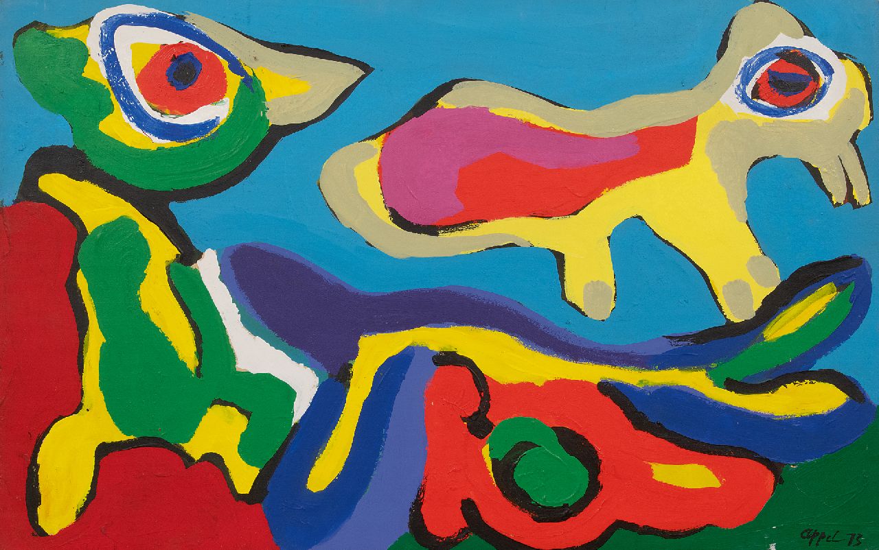 Appel C.K. | Christiaan 'Karel' Appel | Schilderijen te koop aangeboden | Birds, acryl op papier op doek 49,3 x 77,1 cm, gesigneerd rechtsonder en gedateerd '73 GERESERVEERD Appel C.K. | Christiaan 'Karel' Appel | Schilderijen te koop aangeboden | Birds, acryl op papier op doek 49,3 x 77,1 cm, gesigneerd rechtsonder en gedateerd '73 GERESERVEERD