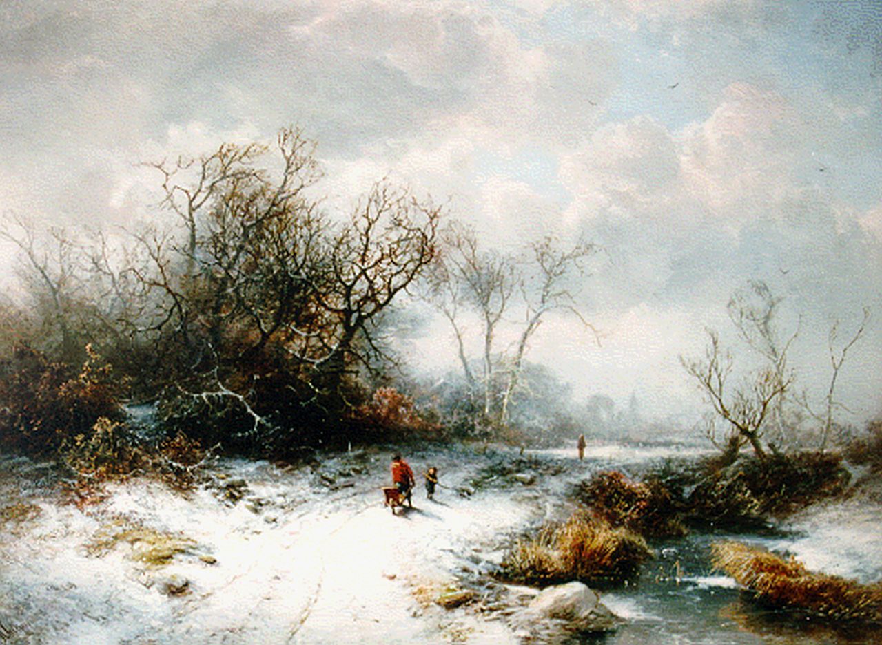 Kluyver P.L.F.  | 'Pieter' Lodewijk Francisco Kluyver, Passanten op een landweg in de winter, olieverf op paneel 40,0 x 55,4 cm, gesigneerd linksonder