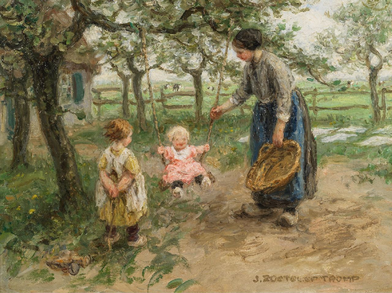 Zoetelief Tromp J.  | Johannes 'Jan' Zoetelief Tromp | Schilderijen te koop aangeboden | Schommelen in de boomgaard, olieverf op doek 31,0 x 40,8 cm, gesigneerd rechtsonder