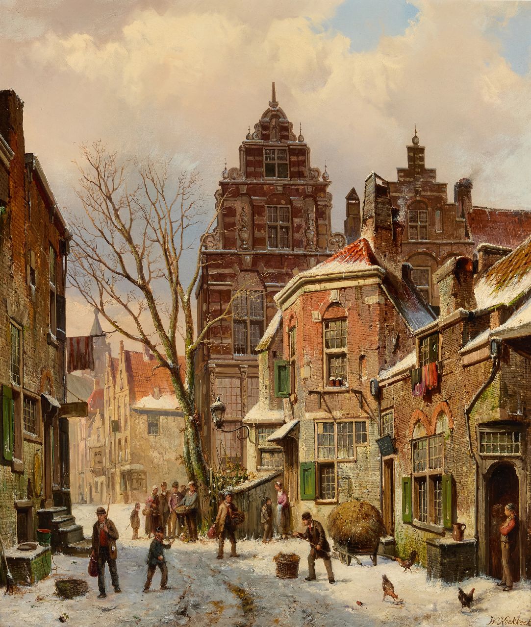 Koekkoek W.  | Willem Koekkoek | Schilderijen te koop aangeboden | Drukbevolkt stadsgezicht in de sneeuw, olieverf op doek 70,0 x 59,8 cm, gesigneerd rechtsonder