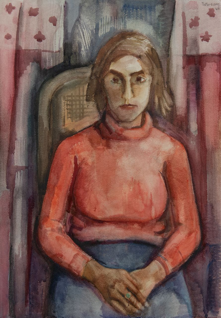 Piet Wiegman | Zittende vrouw in rode trui, aquarel op papier, 100,0 x 68,8 cm, gesigneerd r.b. en gedateerd 1936 Piet Wiegman | Zittende vrouw in rode trui, aquarel op papier, 100,0 x 68,8 cm, gesigneerd r.b. en gedateerd 1936