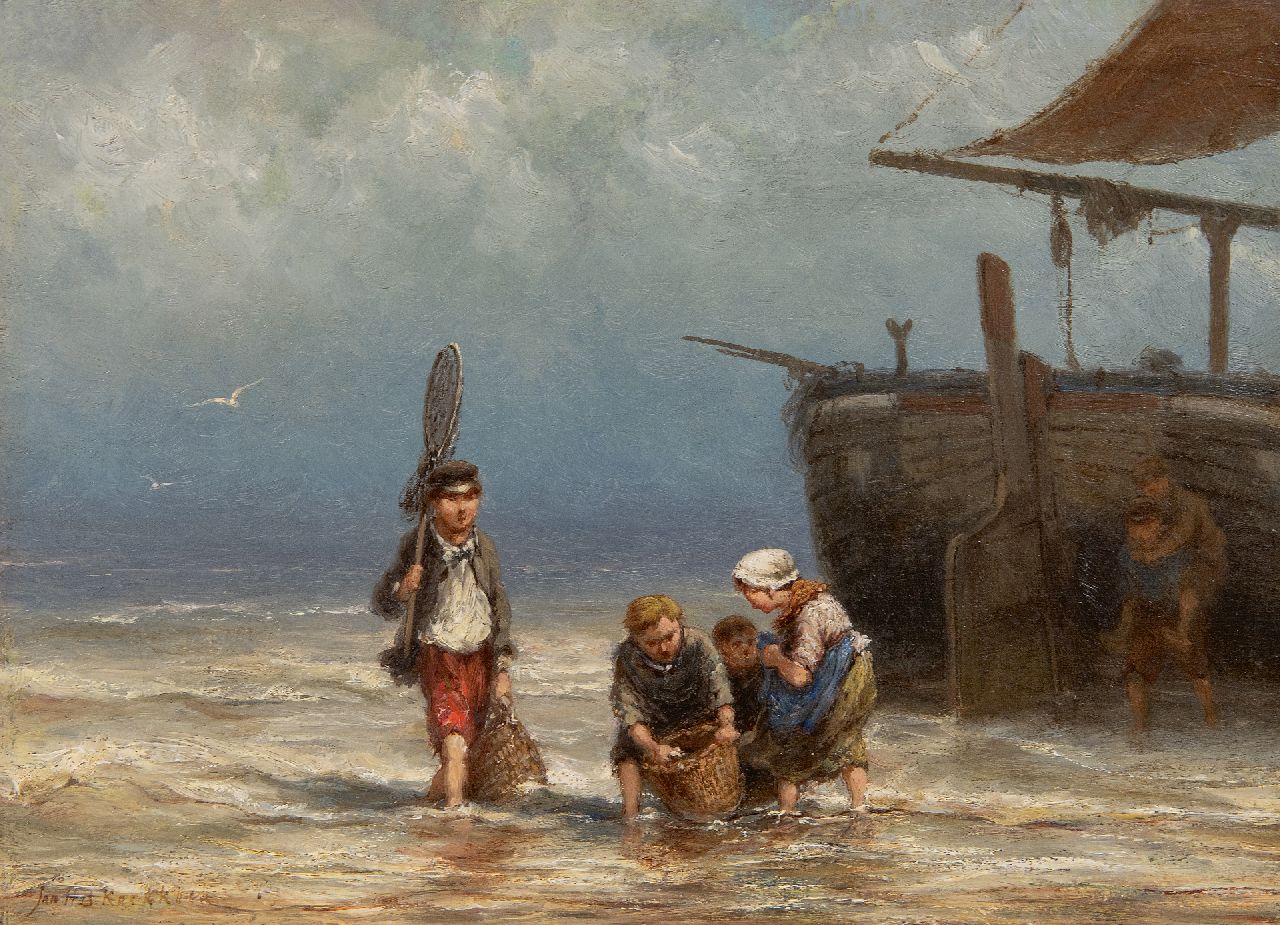 Koekkoek J.H.B.  | Johannes Hermanus Barend 'Jan H.B.' Koekkoek | Schilderijen te koop aangeboden | Jonge vissertjes bij het strand, olieverf op doek 25,0 x 33,8 cm, gesigneerd linksonder