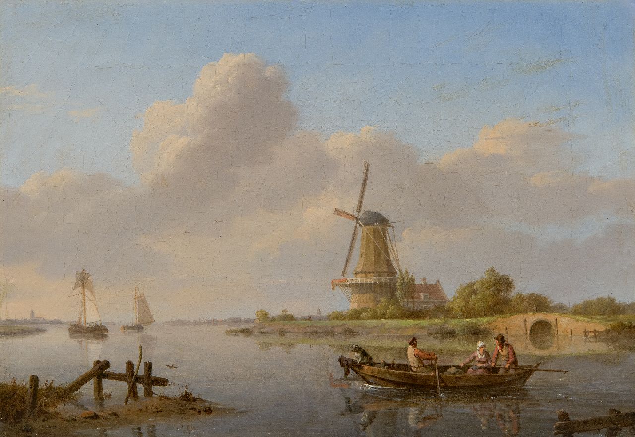 Koekkoek J.H. | Johannes Hermanus Koekkoek | Schilderijen te koop aangeboden | Kalm riviergezicht met molen en overzetveer, olieverf op doek 23,5 x 33,6 cm, gesigneerd rechtsonder Koekkoek J.H. | Johannes Hermanus Koekkoek | Schilderijen te koop aangeboden | Kalm riviergezicht met molen en overzetveer, olieverf op doek 23,5 x 33,6 cm, gesigneerd rechtsonder