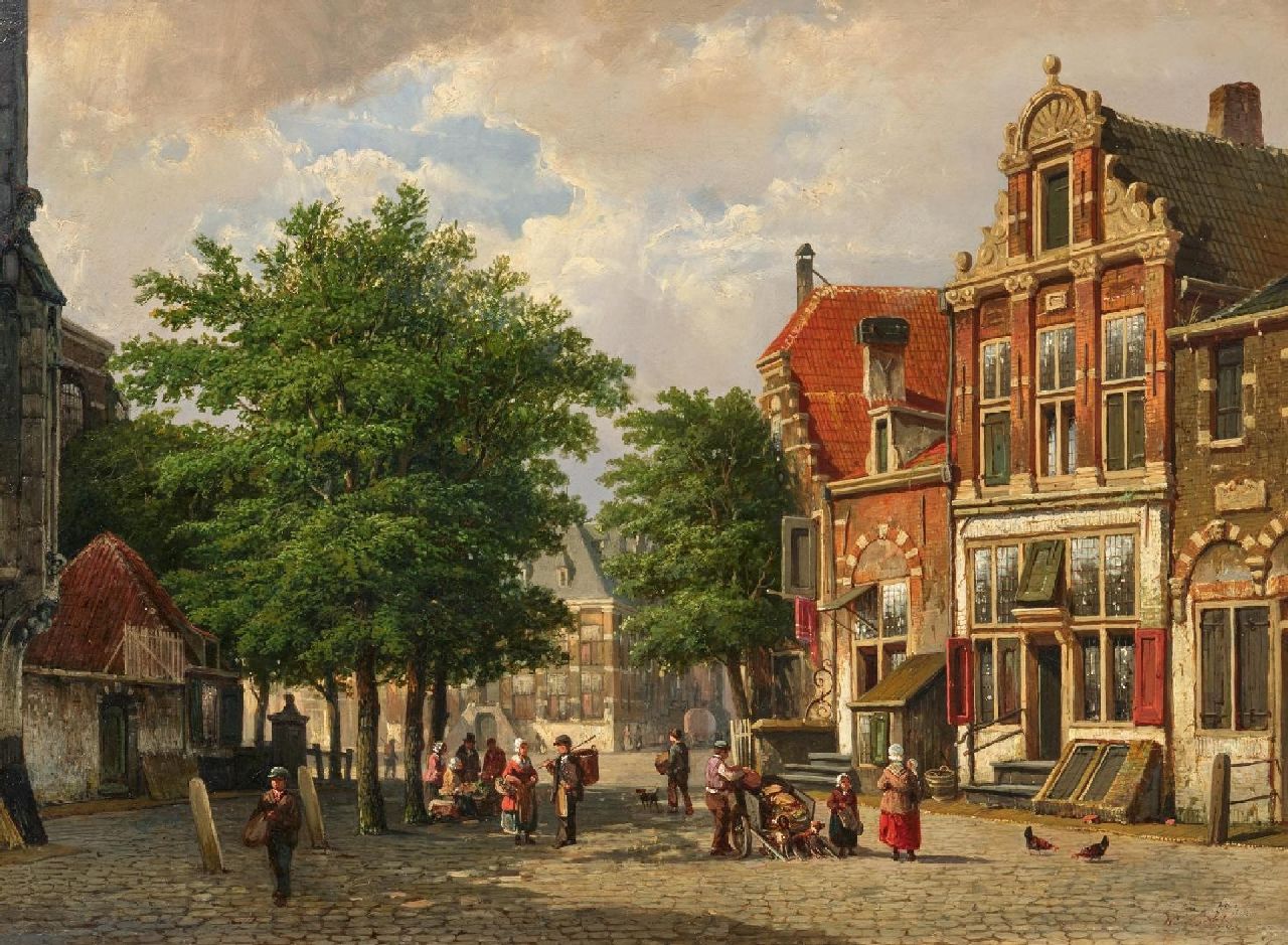 Koekkoek W.  | Willem Koekkoek | Schilderijen te koop aangeboden | Zomers stadsgezicht met figuren bij een kerk, olieverf op doek 40,0 x 54,2 cm, gesigneerd rechtsonder (v)