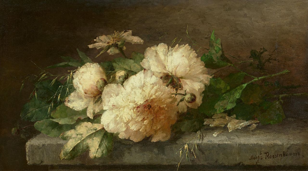 Roosenboom M.C.J.W.H.  | 'Margaretha' Cornelia Johanna Wilhelmina Henriëtta Roosenboom | Schilderijen te koop aangeboden | Pioenrozen op een stenen plint, olieverf op doek 40,5 x 71,8 cm, gesigneerd rechtsonder