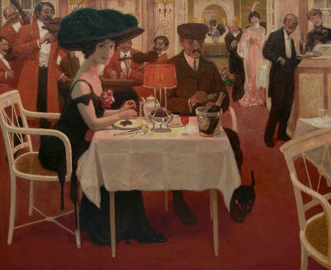 Stevens A. | Aimé Stevens | Schilderijen te koop aangeboden | Een kostbaar avondje uit, olieverf op doek 100,1 x 121,0 cm, gesigneerd rechtsonder Stevens A. | Aimé Stevens | Schilderijen te koop aangeboden | Een kostbaar avondje uit, olieverf op doek 100,1 x 121,0 cm, gesigneerd rechtsonder