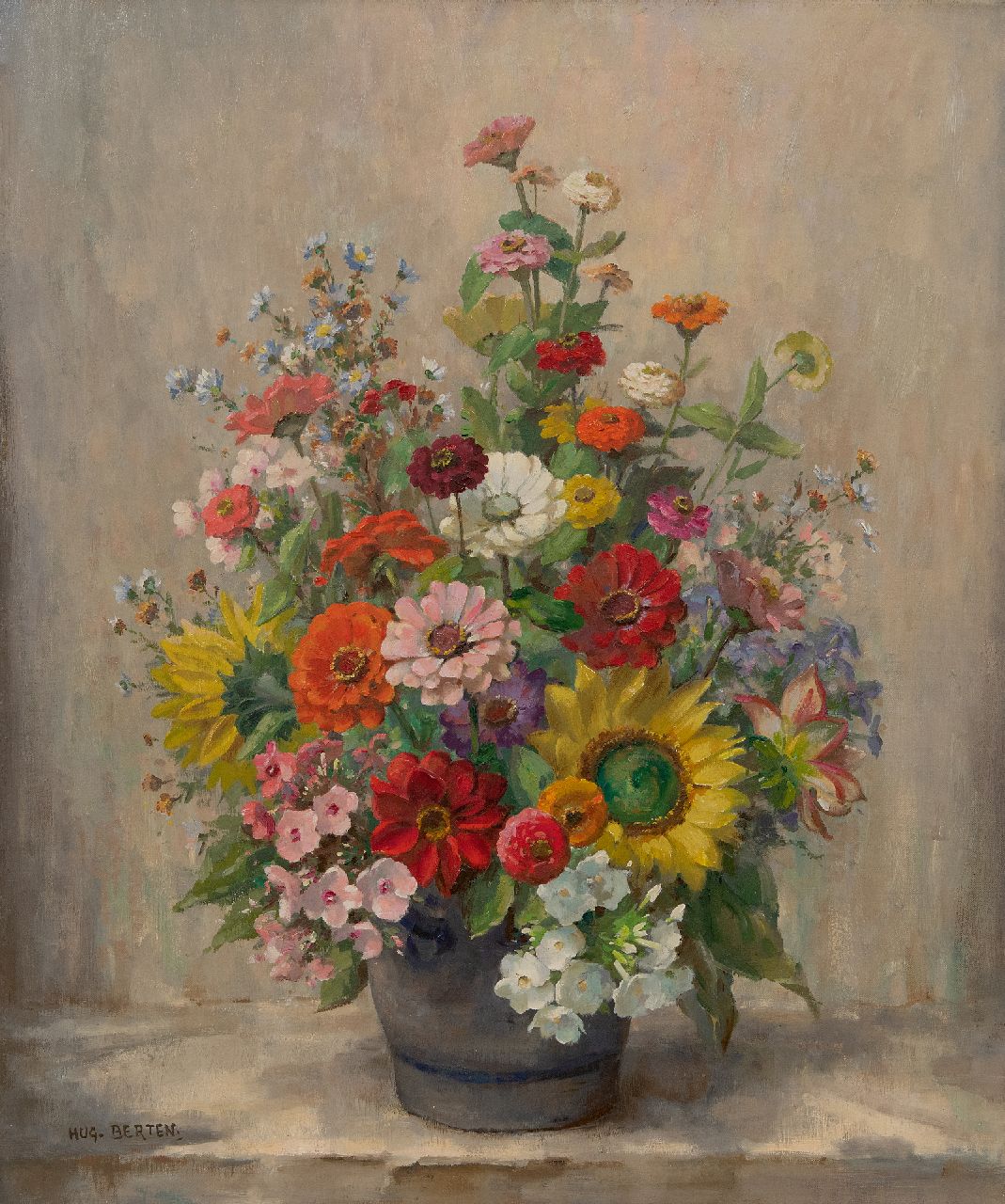 Berten H.H. | Hermann 'Hugo' Berten | Schilderijen te koop aangeboden | Keulse pot met zomerbloemen, olieverf op doek 60,1 x 50,5 cm, gesigneerd linksonder en zonder lijst Berten H.H. | Hermann 'Hugo' Berten | Schilderijen te koop aangeboden | Keulse pot met zomerbloemen, olieverf op doek 60,1 x 50,5 cm, gesigneerd linksonder en zonder lijst