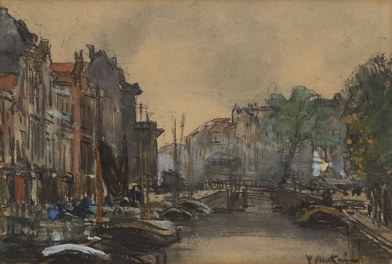 Arntzenius P.F.N.J. | Pieter Florentius Nicolaas Jacobus 'Floris' Arntzenius, Gezicht op een grachtje, zwart krijt en aquarel op papier 13,1 x 19,2 cm, gesigneerd rechtsonder Arntzenius P.F.N.J. | Pieter Florentius Nicolaas Jacobus 'Floris' Arntzenius, Gezicht op een grachtje, zwart krijt en aquarel op papier 13,1 x 19,2 cm, gesigneerd rechtsonder