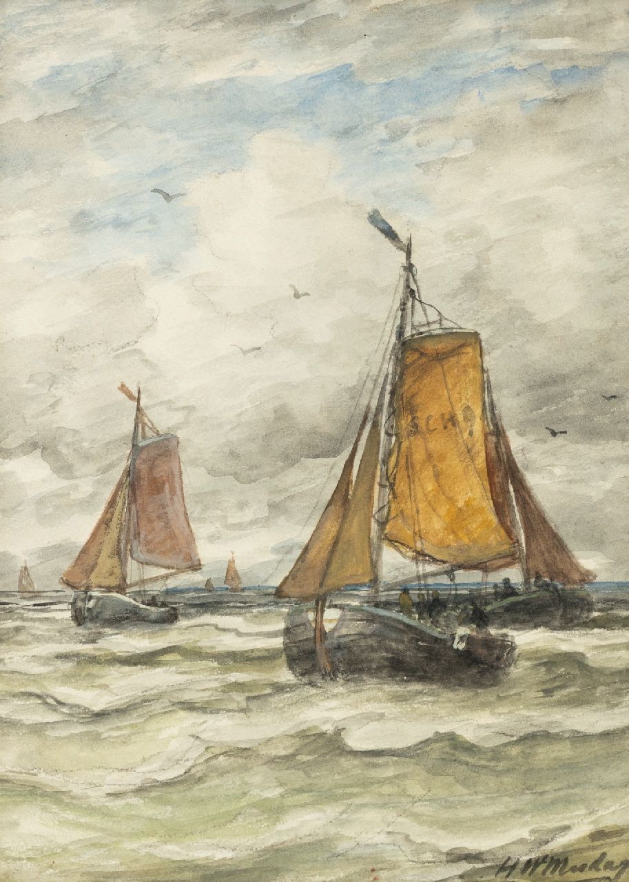Mesdag H.W.  | Hendrik Willem Mesdag | Aquarellen en tekeningen te koop aangeboden | Bomschuiten op zee, houtskool en aquarel op papier 36,0 x 26,0 cm, gesigneerd rechtsonder