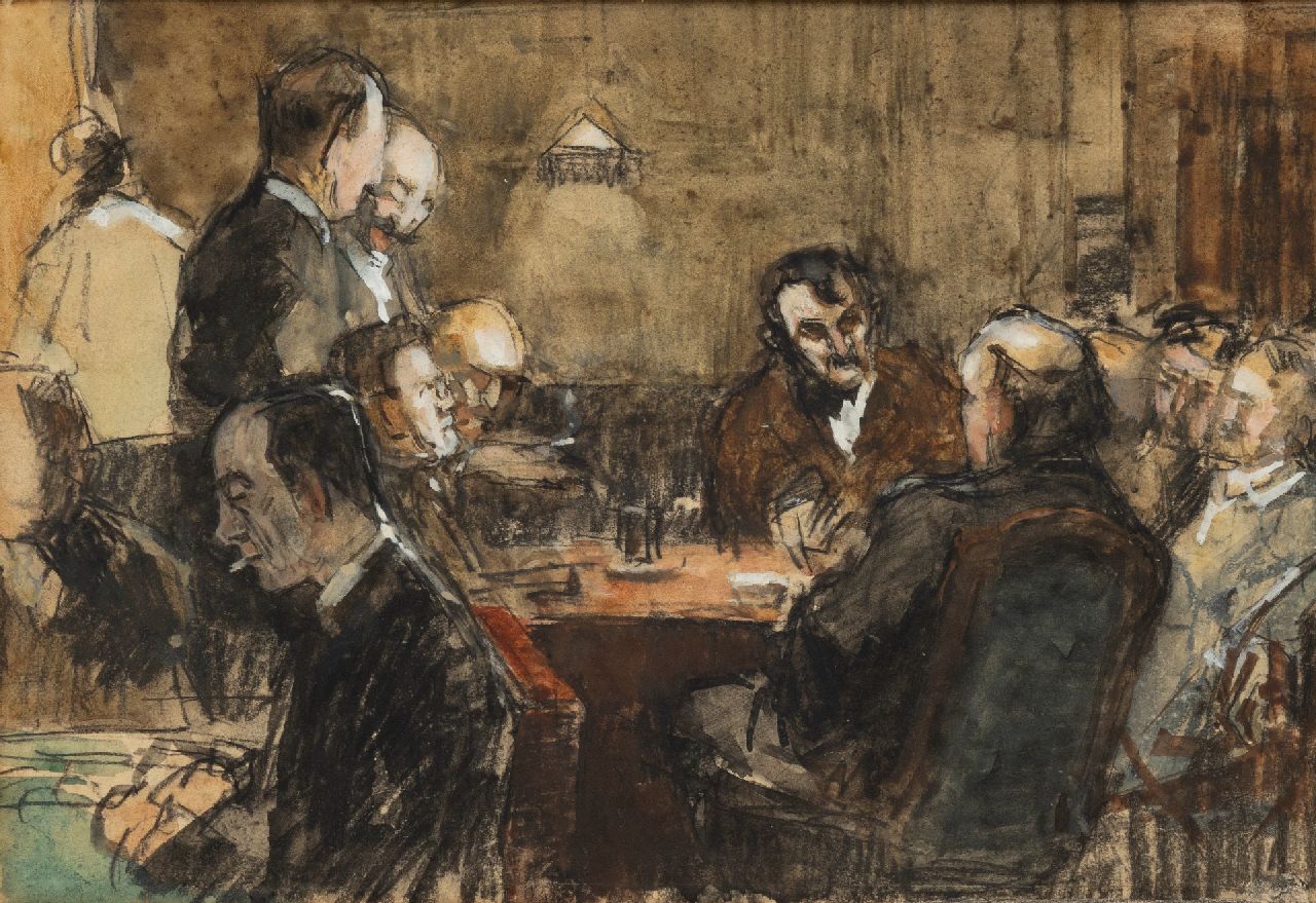 Arntzenius P.F.N.J.  | Pieter Florentius Nicolaas Jacobus 'Floris' Arntzenius |  te koop aangeboden | Avondje met vrienden in Pulchri Studio, Den Haag, aquarel en potlood op papier 16,0 x 23,0 cm