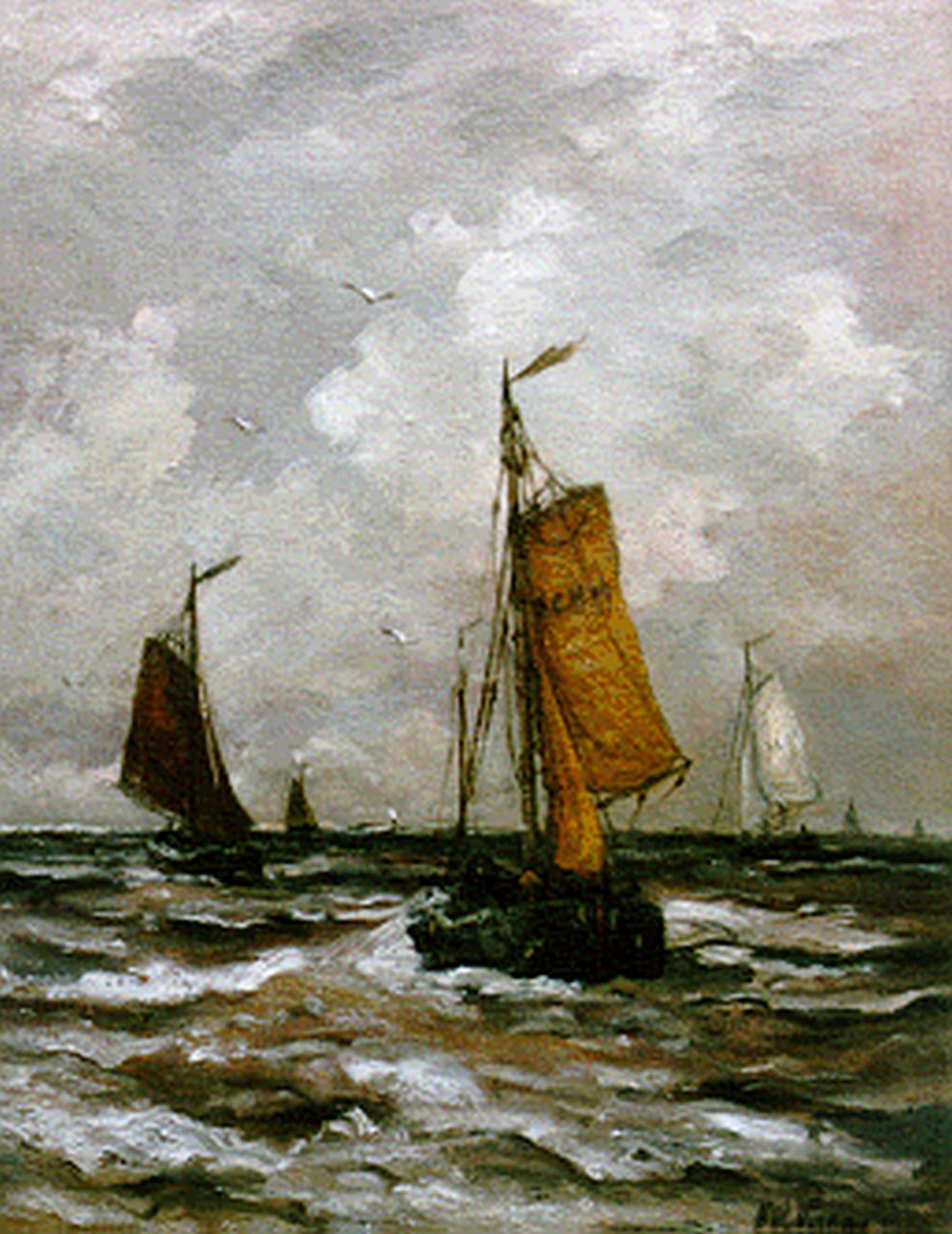 Mesdag H.W.  | Hendrik Willem Mesdag, Terugkerende bomschuiten, olieverf op doek 50,7 x 39,8 cm, gesigneerd rechtsonder ond