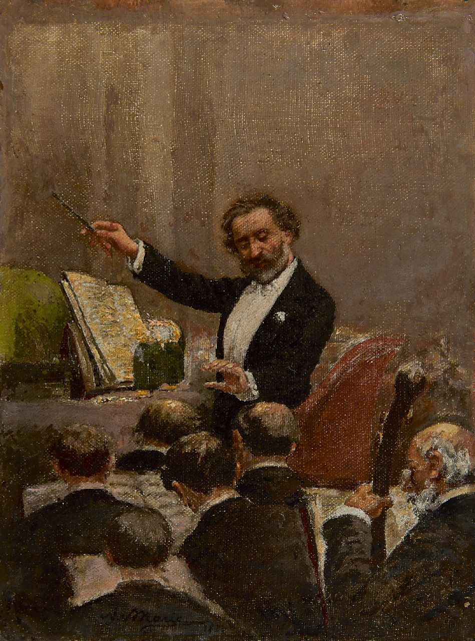 Marie A.E. | Adrien Emmanuel Marie, Giuseppe Verdi dirigeert de eerste concert voorstelling van Aïda in Parijs, 1880, olieverf op doek 29,8 x 22,5 cm, gesigneerd links van het midden. en gedateerd 1880 Marie A.E. | Adrien Emmanuel Marie, Giuseppe Verdi dirigeert de eerste concert voorstelling van Aïda in Parijs, 1880, olieverf op doek 29,8 x 22,5 cm, gesigneerd links van het midden. en gedateerd 1880