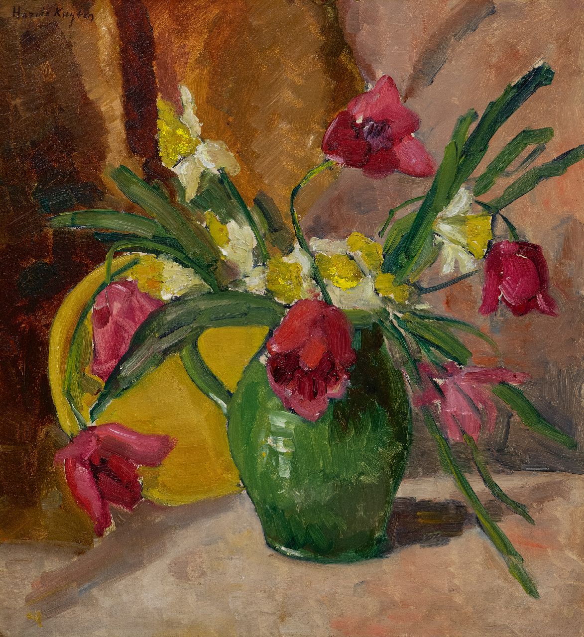 Kuijten H.J.  | Henricus Johannes 'Harrie' Kuijten | Schilderijen te koop aangeboden | Bloemstilleven, olieverf op schildersboard 49,8 x 44,8 cm, gesigneerd linksboven