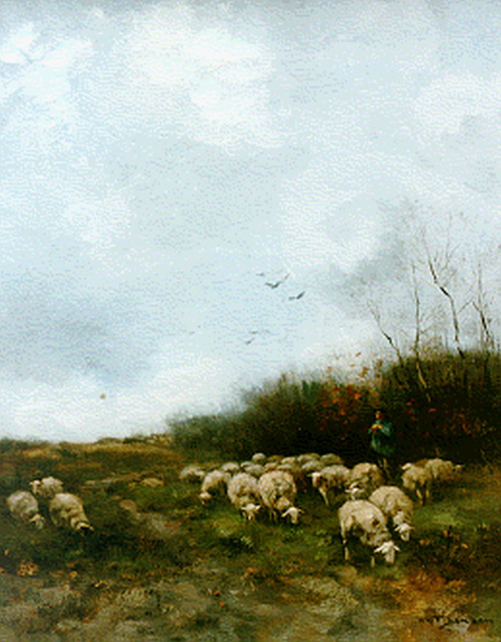 Jansen W.G.F.  | 'Willem' George Frederik Jansen, Herder met zijn schaapskudde, olieverf op doek 55,0 x 45,0 cm, gesigneerd rechtsonder