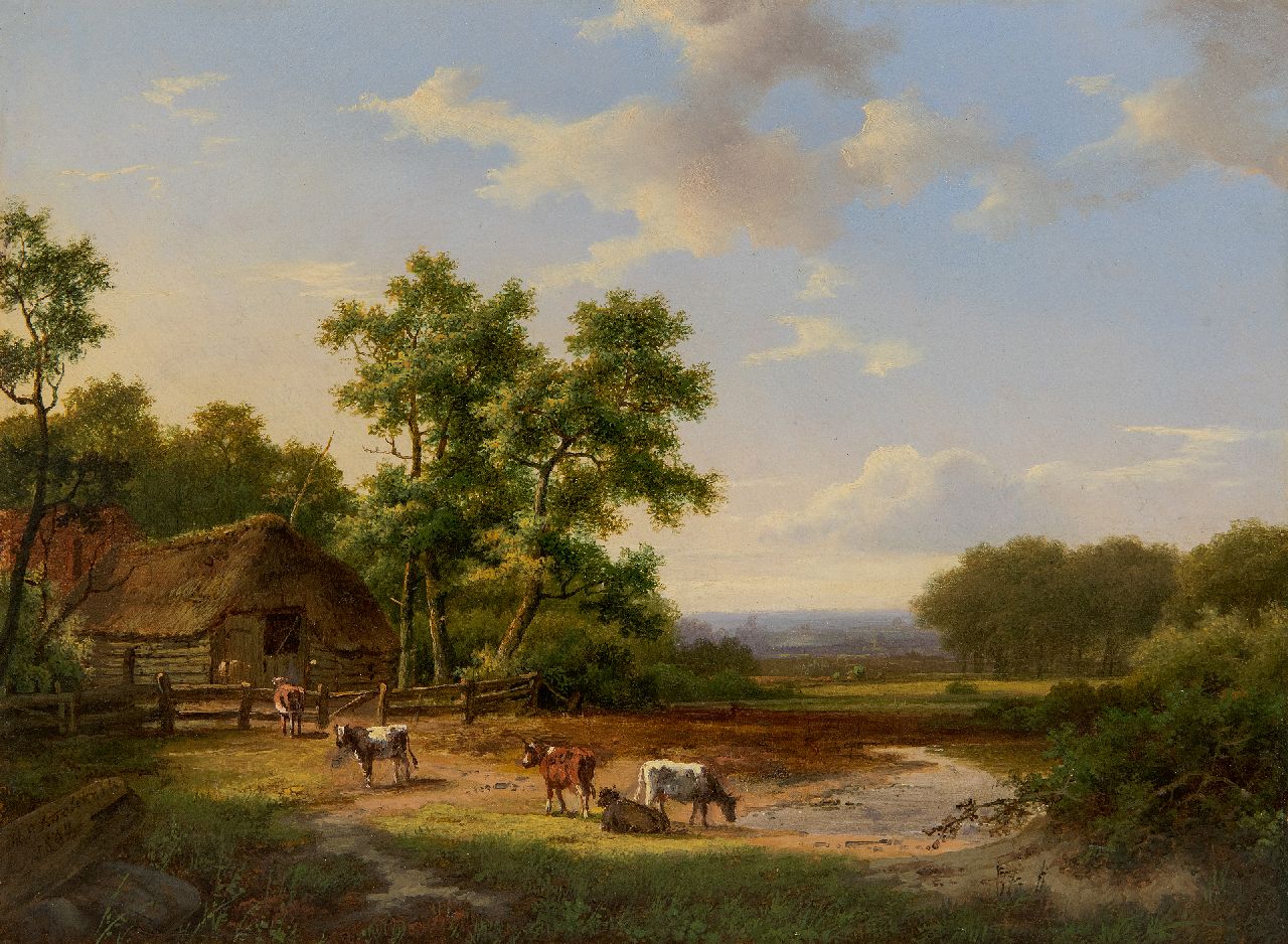 Koekkoek I M.A.  | Marinus Adrianus Koekkoek I | Schilderijen te koop aangeboden | Zomerlandschap met vee bij een boerenschuur (tezamen met winters pendant), olieverf op paneel 25,3 x 33,8 cm, gesigneerd linksonder en gedateerd 1862