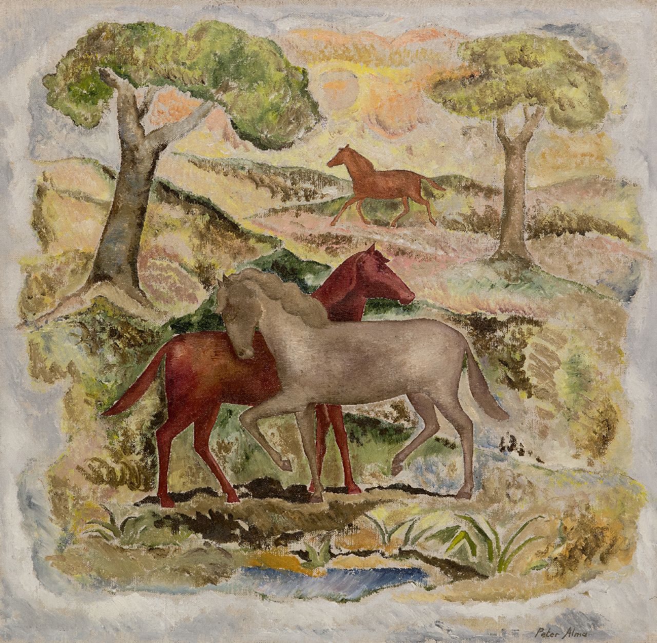 Peter Alma | De Paarden, olieverf op doek, 48,7 x 50,3 cm, gesigneerd r.o.