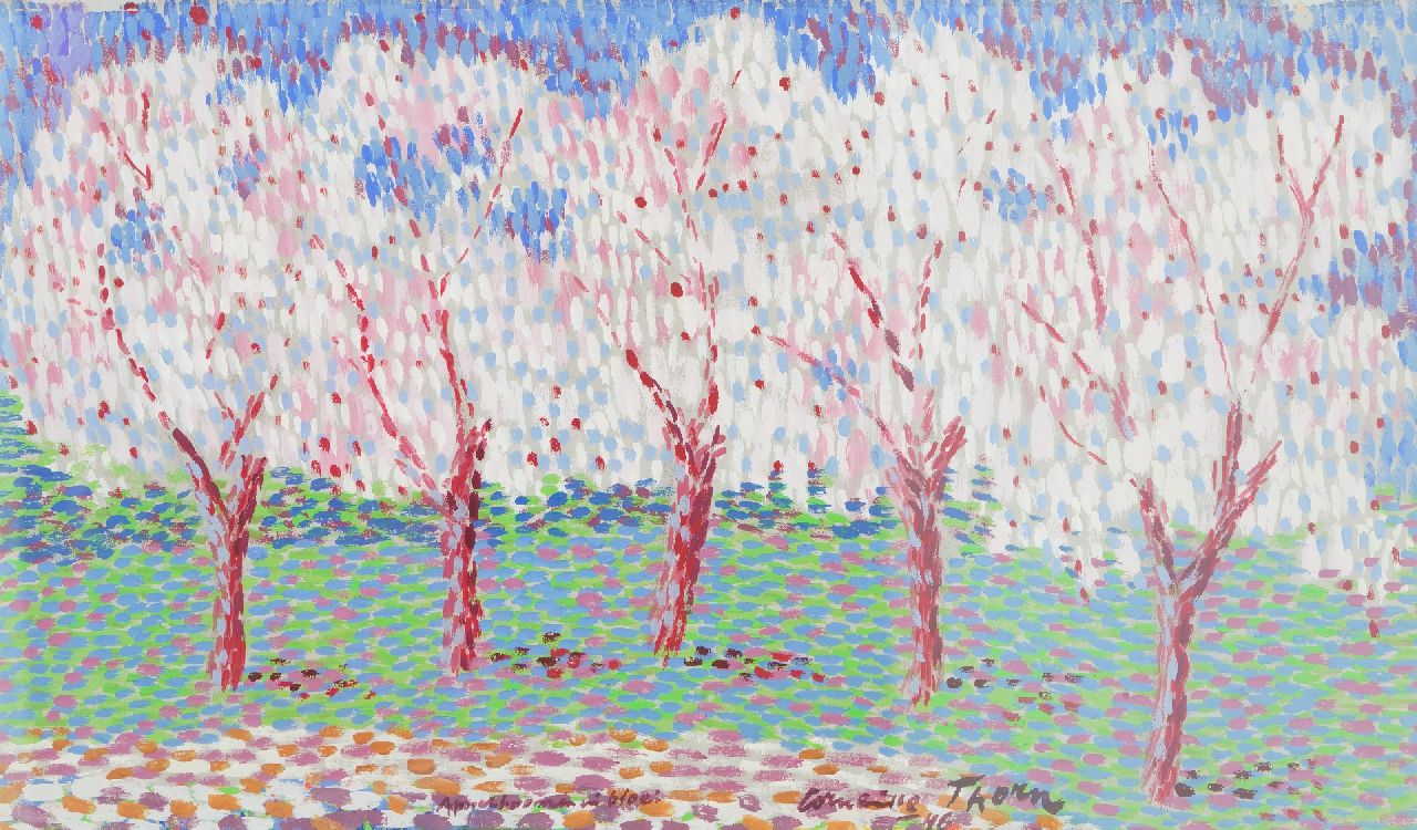 Corneille ('Corneille' Guillaume Beverloo) | Corneille ('Corneille' Guillaume Beverloo) | Aquarellen en tekeningen te koop aangeboden | Appelbomen in bloei, Thorn, gouache op papier 43,5 x 76,9 cm, gesigneerd middenonder en gedateerd '46 Corneille ('Corneille' Guillaume Beverloo) | Corneille ('Corneille' Guillaume Beverloo) | Aquarellen en tekeningen te koop aangeboden | Appelbomen in bloei, Thorn, gouache op papier 43,5 x 76,9 cm, gesigneerd middenonder en gedateerd '46