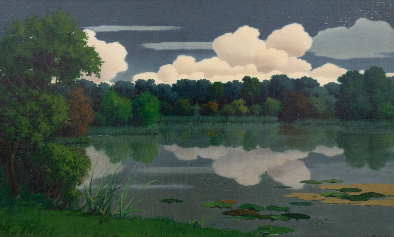 Ven W. van der | Willem van der Ven | Schilderijen te koop aangeboden | Bosmeer met weerspiegeling van wolken, bij Vriezenveen, olieverf op doek 60,0 x 99,6 cm, gesigneerd rechtsonder en gedateerd 1948 Ven W. van der | Willem van der Ven | Schilderijen te koop aangeboden | Bosmeer met weerspiegeling van wolken, bij Vriezenveen, olieverf op doek 60,0 x 99,6 cm, gesigneerd rechtsonder en gedateerd 1948