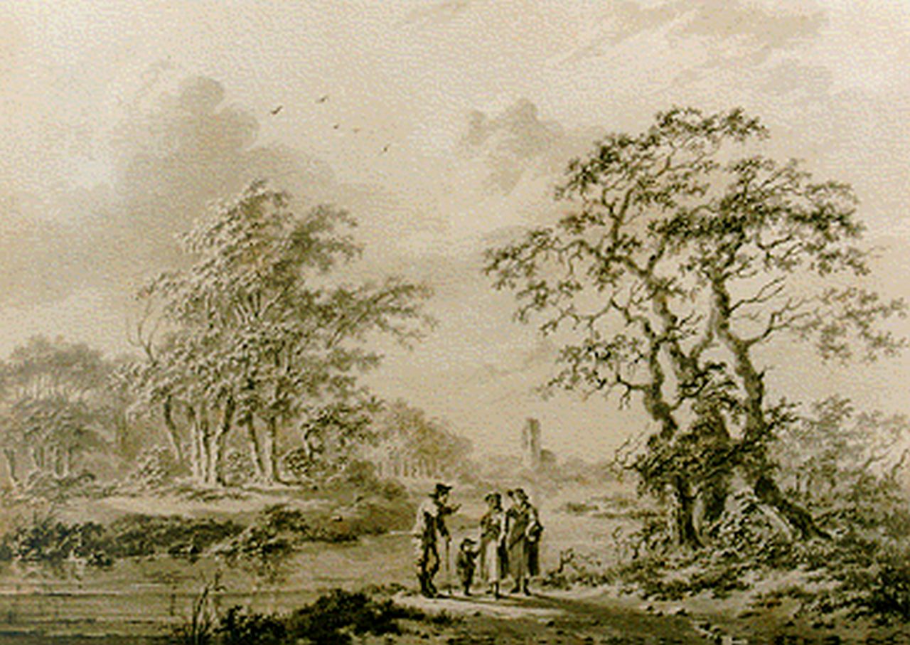 Koekkoek B.C.  | Barend Cornelis Koekkoek, Uitgestrekt bomenlandschap met pratende figuren, sepia op papier 12,5 x 17,8 cm, gesigneerd rechtsonder en gedateerd 1838