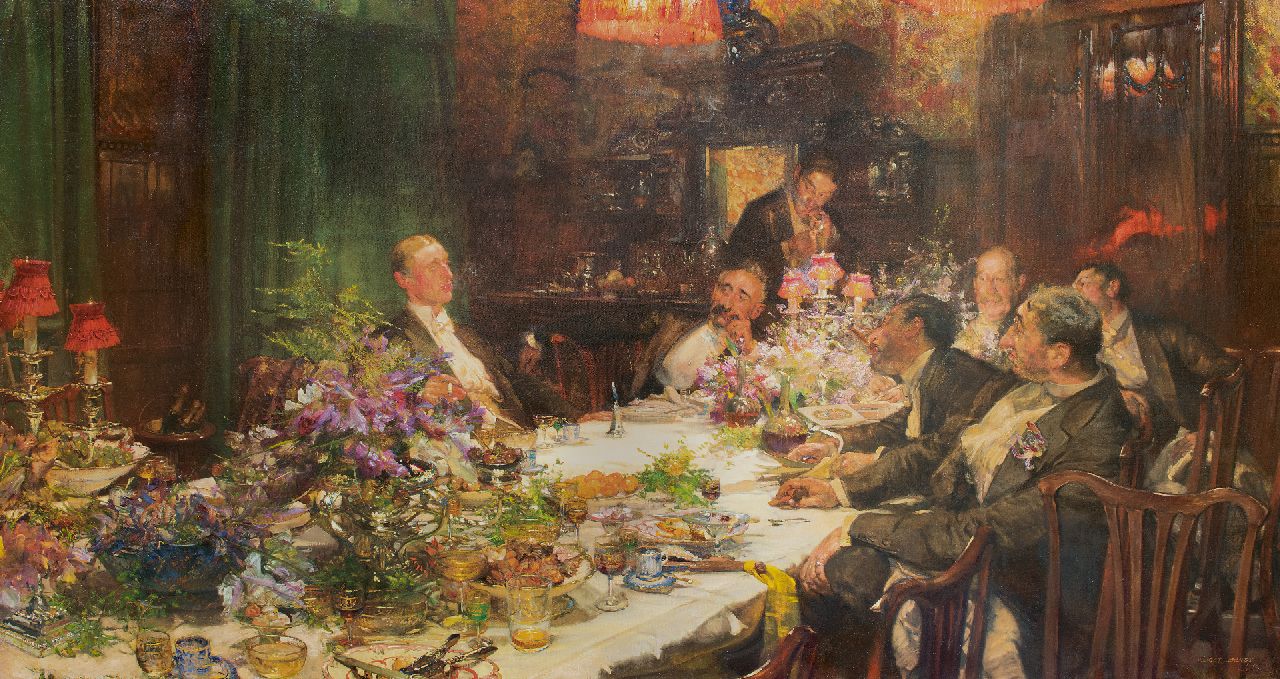 Bundy E.  | Edgar Bundy, Tijd voor geldzaken, olieverf op doek 135,0 x 256,0 cm, gesigneerd rechtsonder en gedateerd 1913