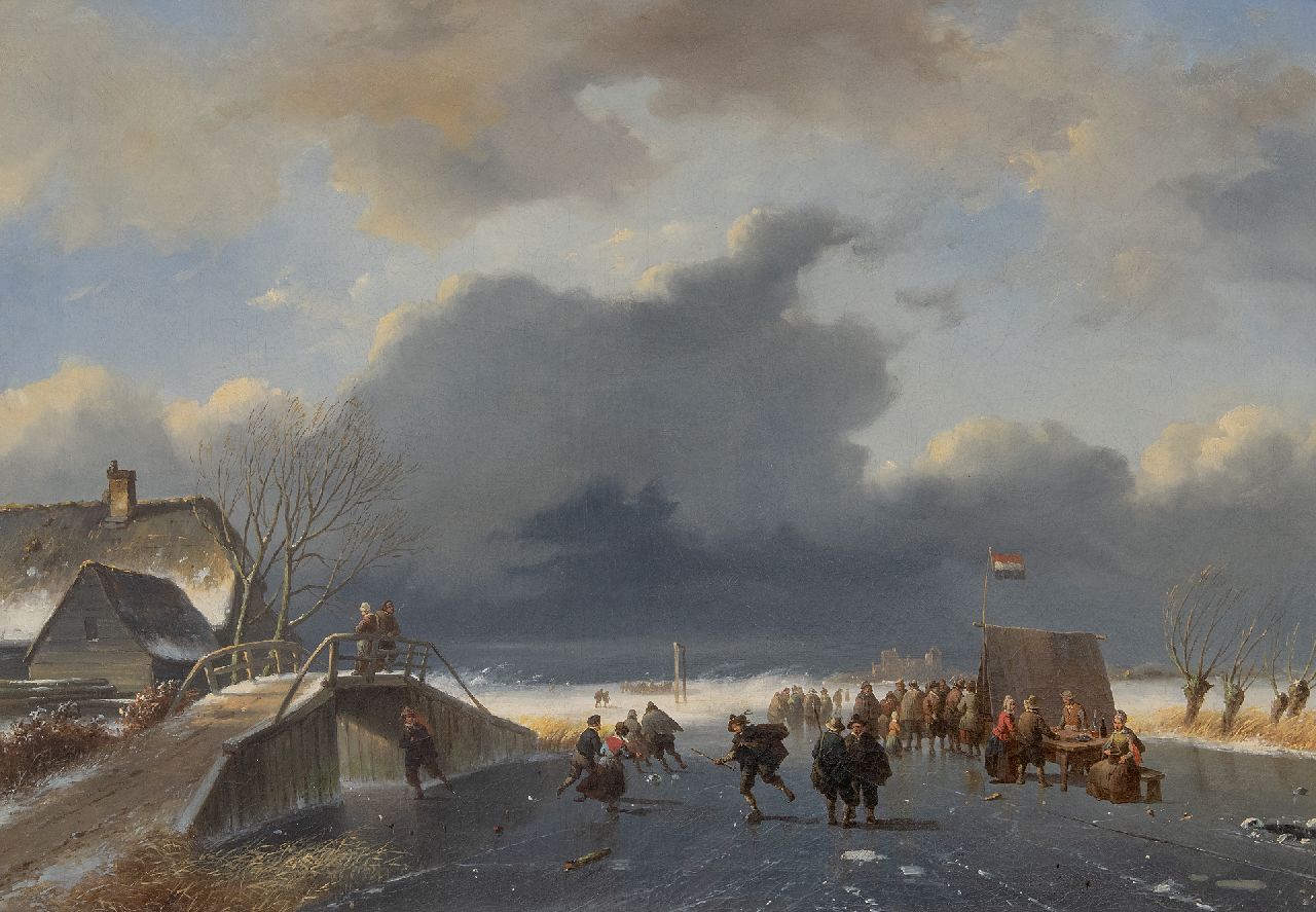 Roosenboom/Verboeckhoven Nicolaas Johannes/Eugène  | N.J./E. Roosenboom/Verboeckhoven | Schilderijen te koop aangeboden | IJspret bij opkomende sneeuwstorm (de figuren zijn van Eugène Verboeckhoven), olieverf op doek 48,1 x 68,0 cm