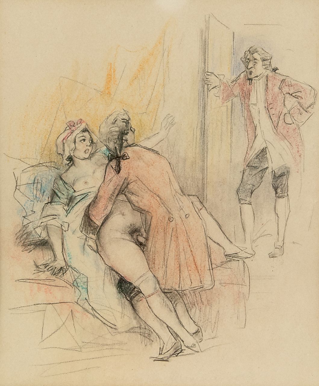 Poulton T.L. | Thomas Leycester 'Tom' Poulton, Vous auriez pu fermer la porte. Si on était rentré! / U had de deur kunnen sluiten. Stel je voor dat hij was teruggekomen!, kleurpotlood op papier 21,5 x 18,0 cm Poulton T.L. | Thomas Leycester 'Tom' Poulton, Vous auriez pu fermer la porte. Si on était rentré! / U had de deur kunnen sluiten. Stel je voor dat hij was teruggekomen!, kleurpotlood op papier 21,5 x 18,0 cm