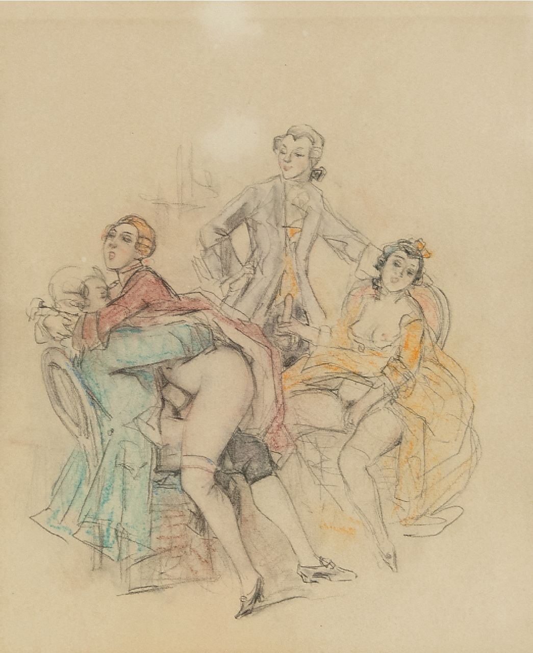 Poulton T.L. | Thomas Leycester 'Tom' Poulton, Réunion mondaine / Mondain feestje, kleurpotlood op papier 21,5 x 18,0 cm Poulton T.L. | Thomas Leycester 'Tom' Poulton, Réunion mondaine / Mondain feestje, kleurpotlood op papier 21,5 x 18,0 cm