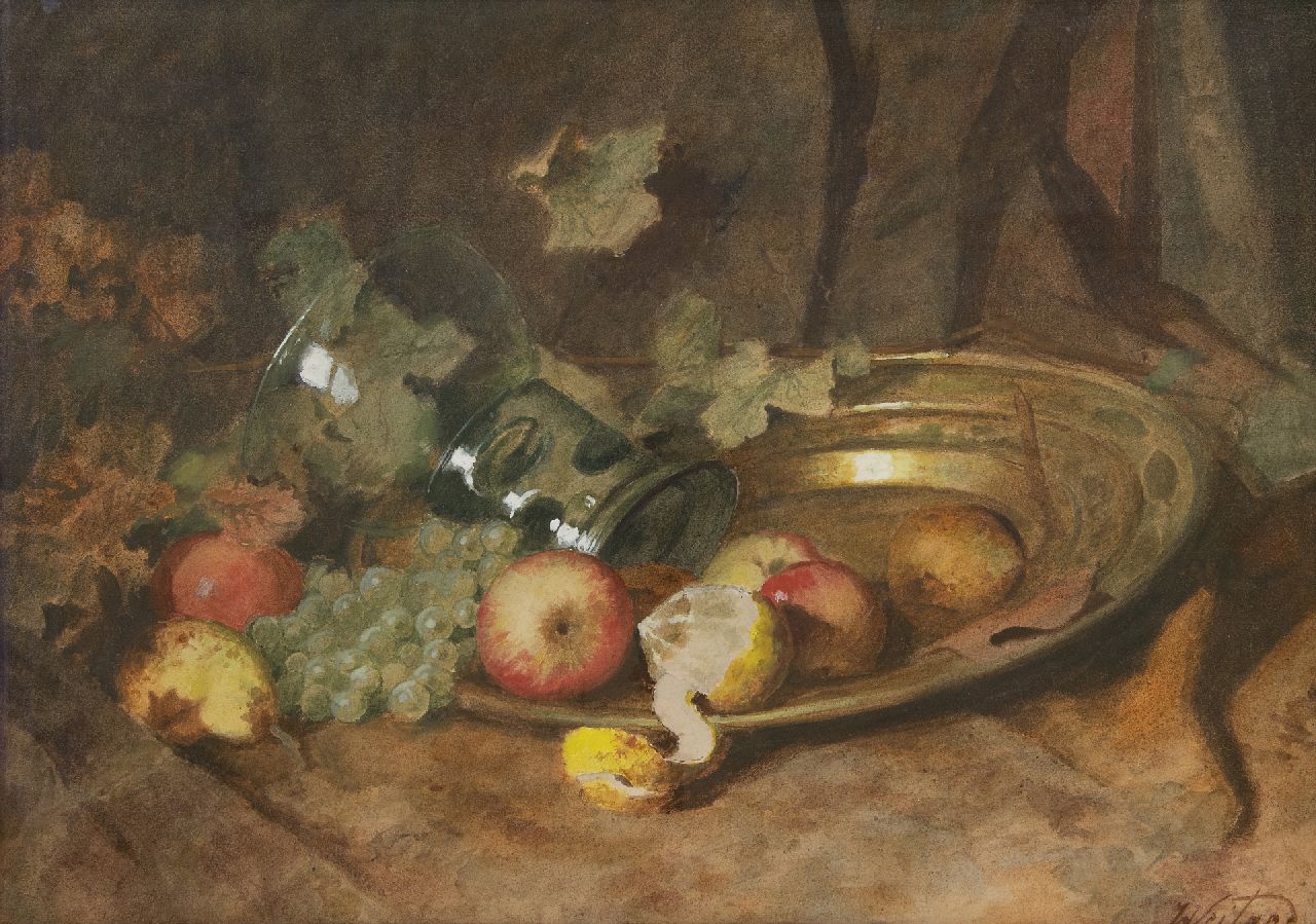 Weiland J.  | Johannes Weiland | Aquarellen en tekeningen te koop aangeboden | Stilleven met fruit op een schaal, aquarel op papier 70,0 x 50,0 cm, gesigneerd rechtsonder