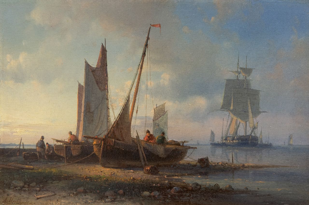 Hulk A.  | Abraham Hulk | Schilderijen te koop aangeboden | Kustgezicht met voor anker liggend fregat en vissersscheepjes op het droge, olieverf op paneel 16,4 x 24,4 cm, gesigneerd linksonder