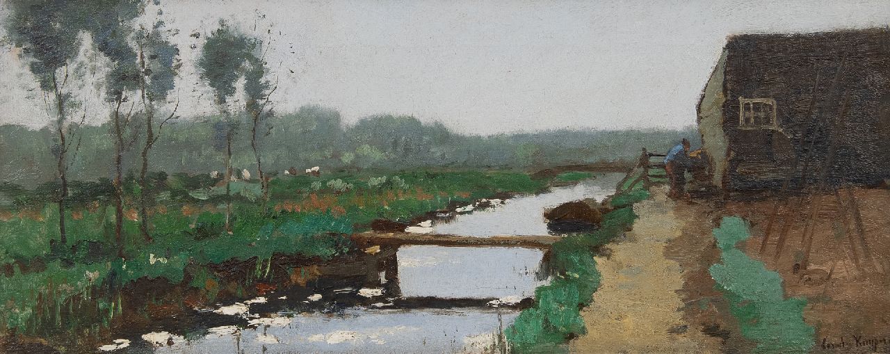 Kuijpers C.  | Cornelis Kuijpers | Schilderijen te koop aangeboden | Landschap met boer en boerenschuur bij een sloot, olieverf op doek 24,6 x 57,8 cm, gesigneerd rechtsonder