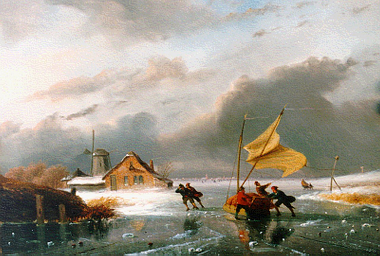 Roosenboom N.J.  | Nicolaas Johannes Roosenboom, IJszeilen op een stormachtige winterse dag, olieverf op paneel 31,0 x 45,0 cm, gesigneerd rechtsonder