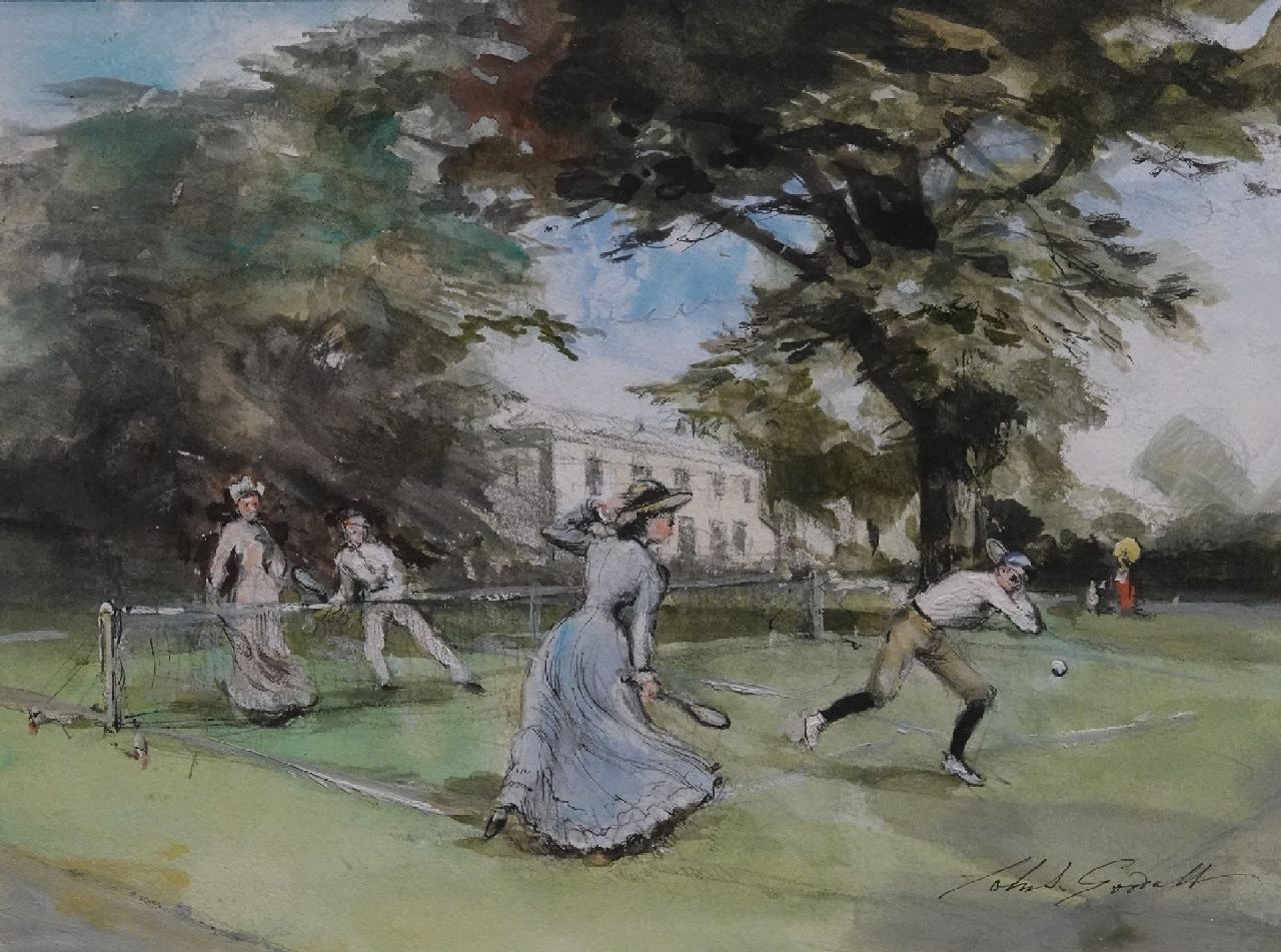 Goodall J.S.  | John Strickland Goodall |  te koop aangeboden | Tennis spelen, aquarel en inkt op papier 21,5 x 28,5 cm, gesigneerd rechtsonder