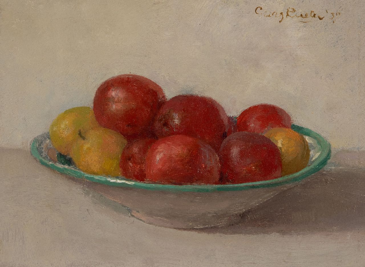 Rueter W.C.G.  | Wilhelm Christian 'Georg' Rueter | Schilderijen te koop aangeboden | Stilleven van fruit op een schaaltje, olieverf op paneel 17,6 x 23,3 cm, gesigneerd rechtsboven en gedateerd '37, zonder lijst
